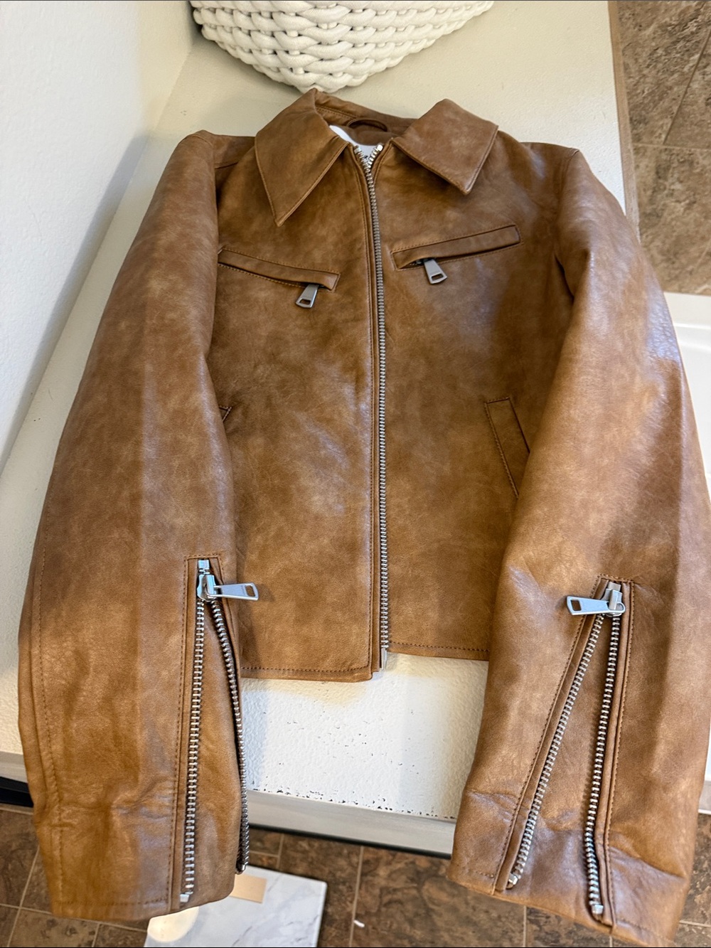 Apparis Chestnut Brown Leather Zip-Front Jacket